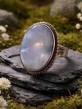 Rainbow Moonstone Sterling Silver Gemstone Ring Sz 10.75